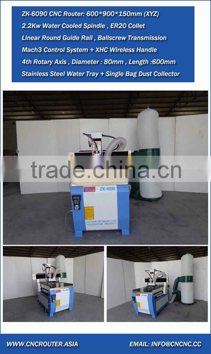 Mach3 Control 4 Axis Small Advertising CNC Router 6090 Wood With 2.2Kw Spindle Stainless Steel Water Slot Dust Collector ZK-6090