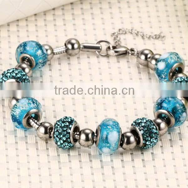 Fashion Women Blue Glass Stainless Steel Necklace And Bracelet Jewelry Sets