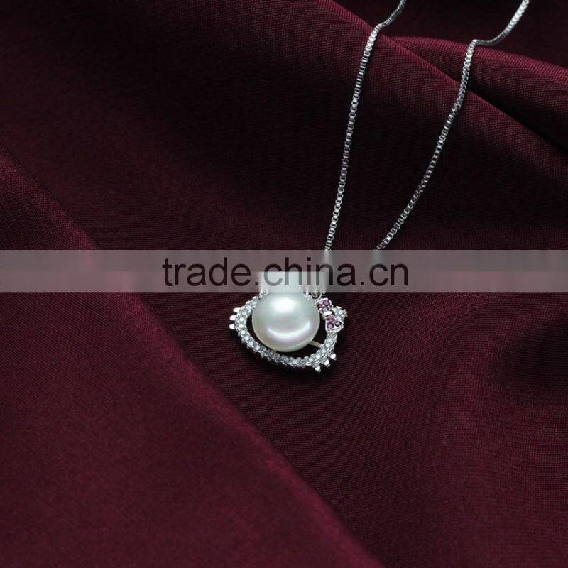 9-10mm AAA button 925 silver cat shaped animal print pearl pendant