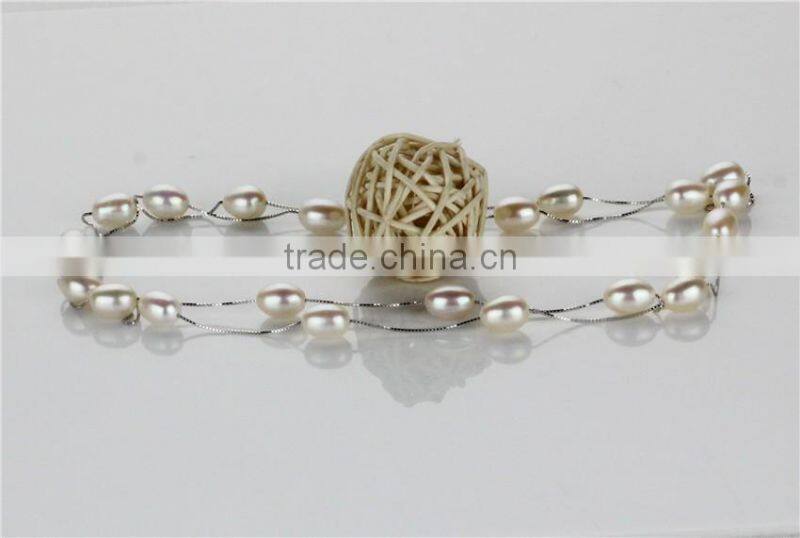 8mm AAA drop 36 inches natural silver long chain pearl necklace, fashion pearl necklace