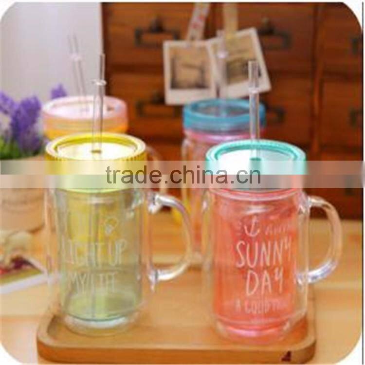 Double wall coloured plastic mason jar with straw and plastic lid 500ml-600ml