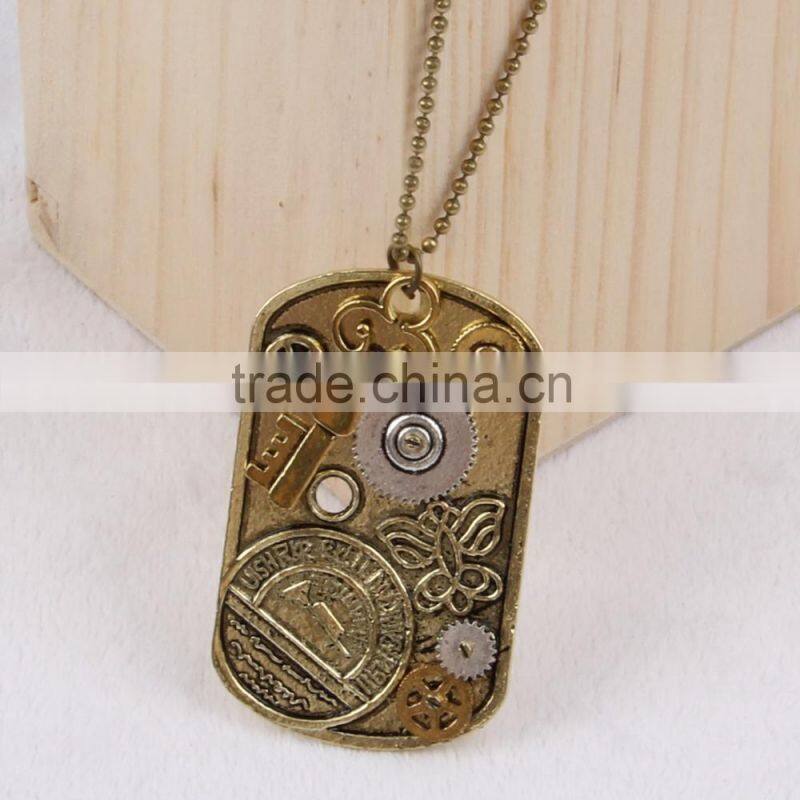 2015 yiwu fashion imitation jewelry steampunk necklace dog tag gear steam key butterfly pendant cameo statement necklace