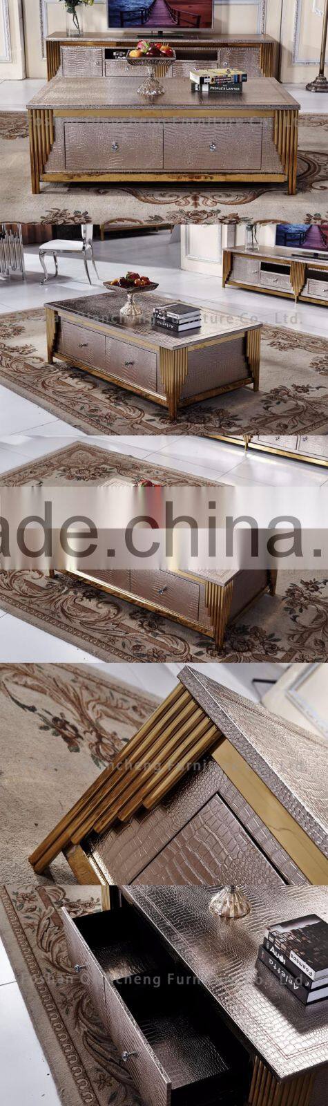 simple style rose golden coffee table set with drawer