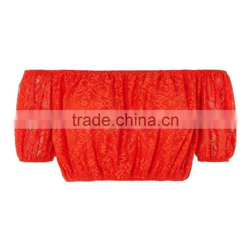 Good Reputation Elastic Hem Fashion Neckline Puff Sleeves Lace Stand-Out Crop Top