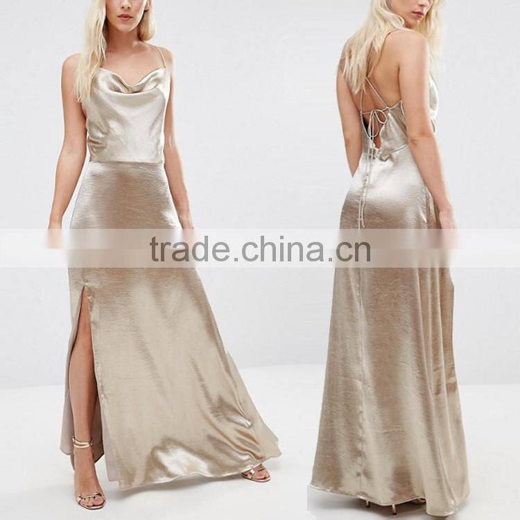 2016 Pictures of Ladies Prom Gown Dresses Cowl Front Strappy Evening Cami Maxi Dress With Thigh Split HSd7464