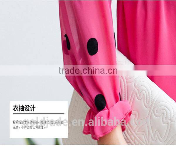 OEM lady sexy loose rose red and black chiffon dot round collar long petal sleeve blouse