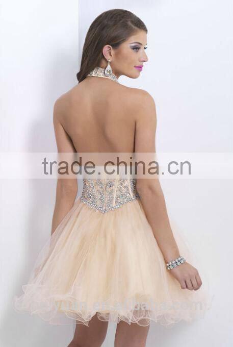 2015 halter neck beaded evening party dress short patterns