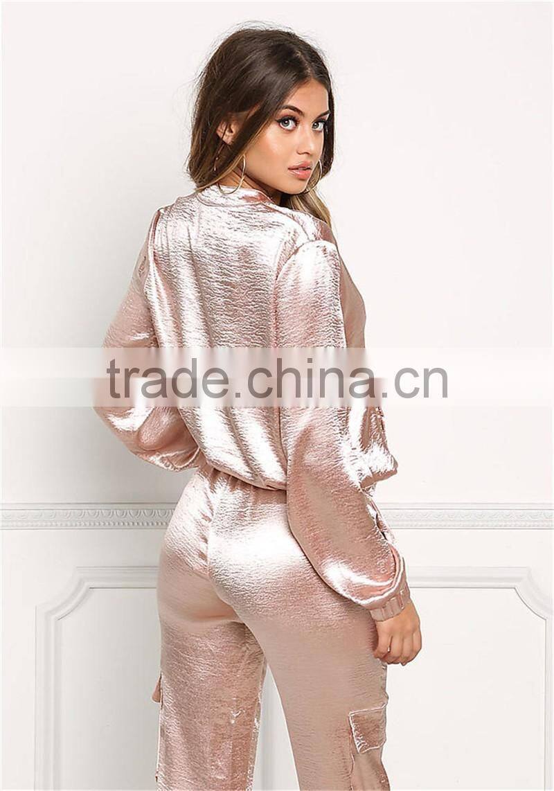 MGOO 2017 High Quality Custom 100% Satin Shiny Bomber Jackets For Women Tracksuits Women Crepe Tops Coat
