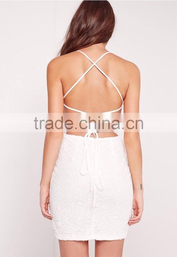 Wholesale Top Quality Strappy Lace Bodycon Dress White Cross Back Evening Dress Embroidered Lace Up V Neck Midi Dress
