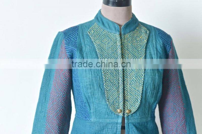 Vintage Kantha Jacket in Viridian green with Embroidery ~ Extra Large