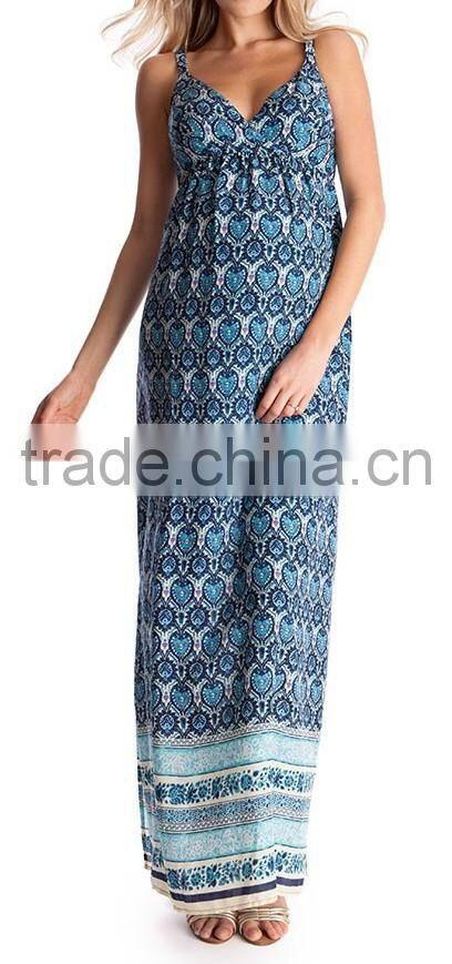 Long Maxi Maternity Dress for Summer 2015 Fashion Spaghetti Straps Side Slits Prints Nursing Dress