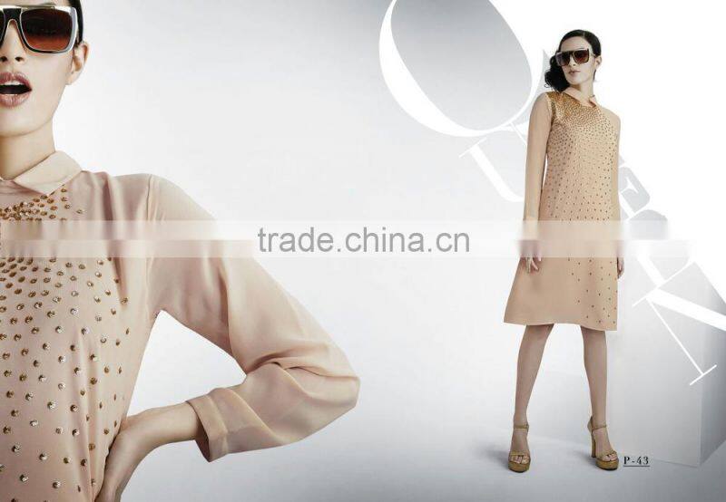 Salmon and Red color with Gold flakes neck design Vogue Designer Kurtis