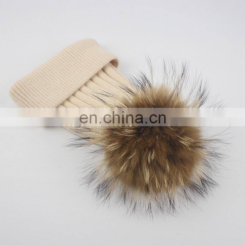 Top Quality Big Fur Pom Pom Kids Hats Raccoon Fur Balls Baby Knitted Hat