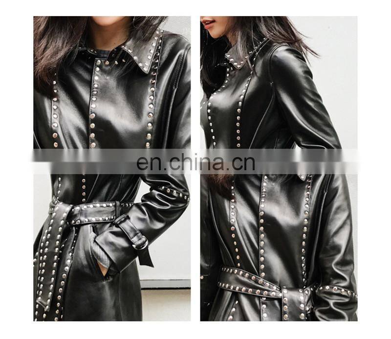 Fashion Classical Lady Windbreaker 100% Leather Jacket Semiformal Wear Ladies Long Leather Jacket