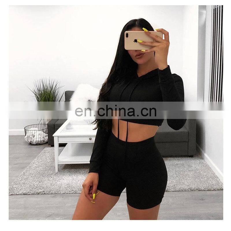 Manufacturer wholesale women's casual sexy hooded shorts sports fitness 2-piece suit custom hoodie crop top