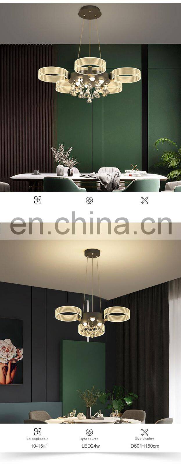Factory direct 24watt 42watt Round Dining Room Black Gold Modern K9 Luxury Crystal LED Pendant Light