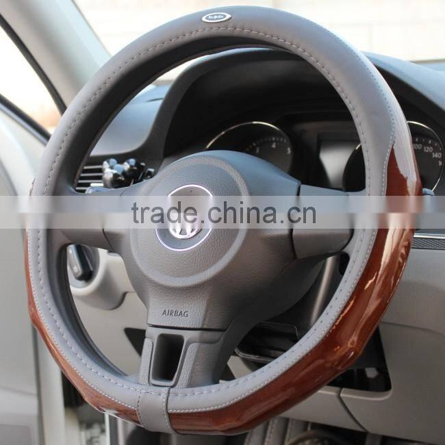 leather and wood car steering wheel cover