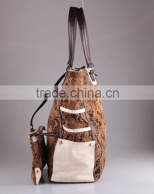 2537- Jangle style snake texture cloth material match PU shopper hobo bag