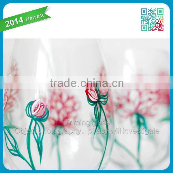 2014 Newest Novel fashion Pink Peonies Wine Glass Set of 4 Hand Painted Glasses