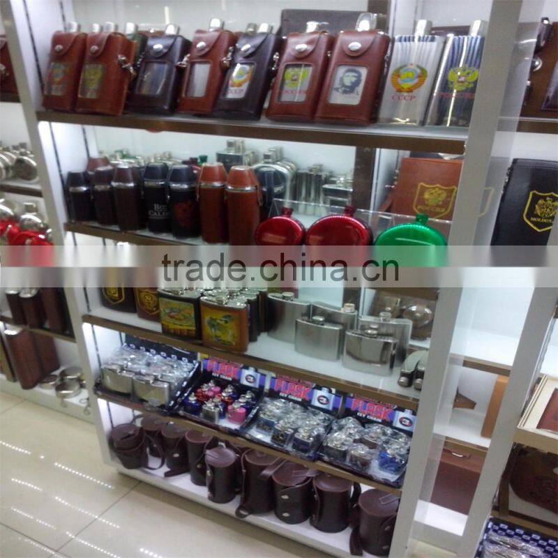 42oz round hip flask with print logo and spray pain coating then in leather bag.