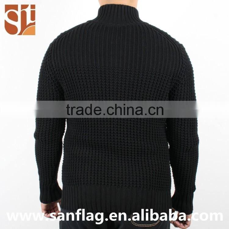 2016 Amercia winter men high neck cardigan coat with button & pocket heavy pattern black knit sweater made in china