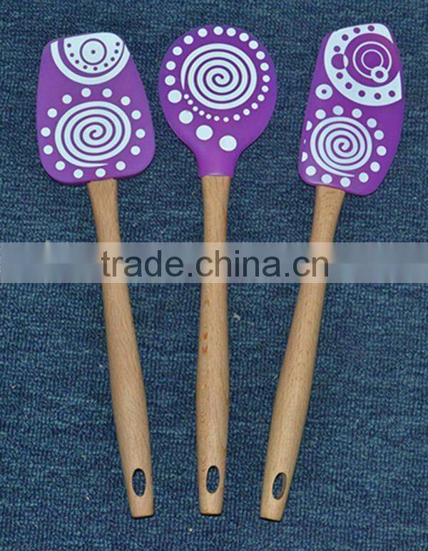 3pcs/set Green Turner Silicone Head with Long Wooden Handle, Colorful for Kitchen Cooking cools