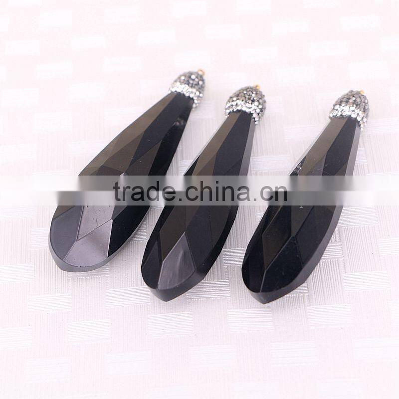 Black Crystal Glass Drop Pendant, Crystal Paved Caps Gem Jewelry Pendant