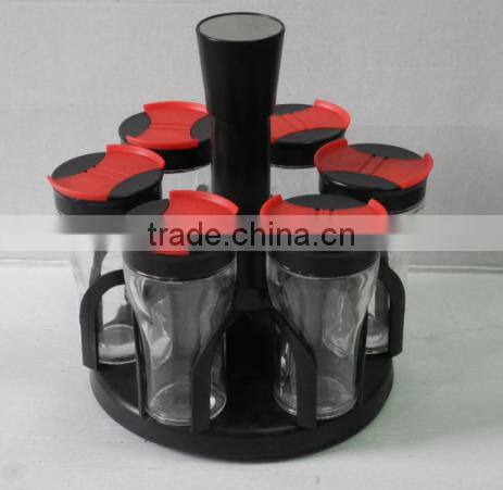 unique shape glass condiment bottles with plastic rack