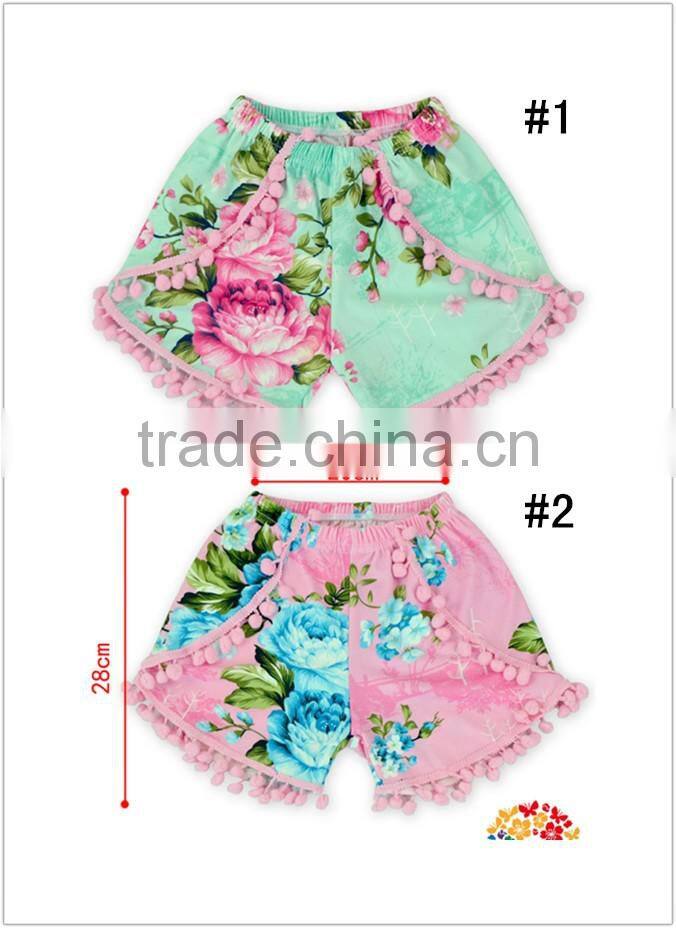 Toddler Kids Girls Pink Floral Cotton Pom Pom Shorts Boutique Summer Shorts Wholesale Baby Clothes