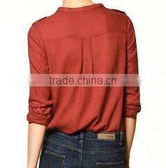 Banded collar blouse shirts two pockets casual fashion shirts for ladies