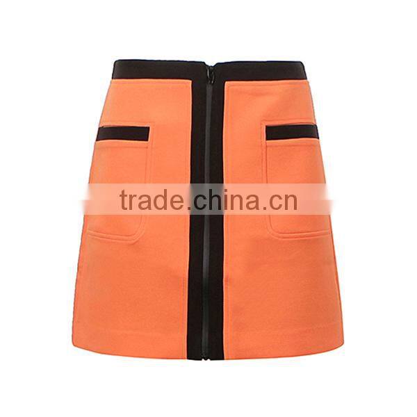 latest design front zipper design A-line office uniform skirts 2015 high quality ladies short skirt