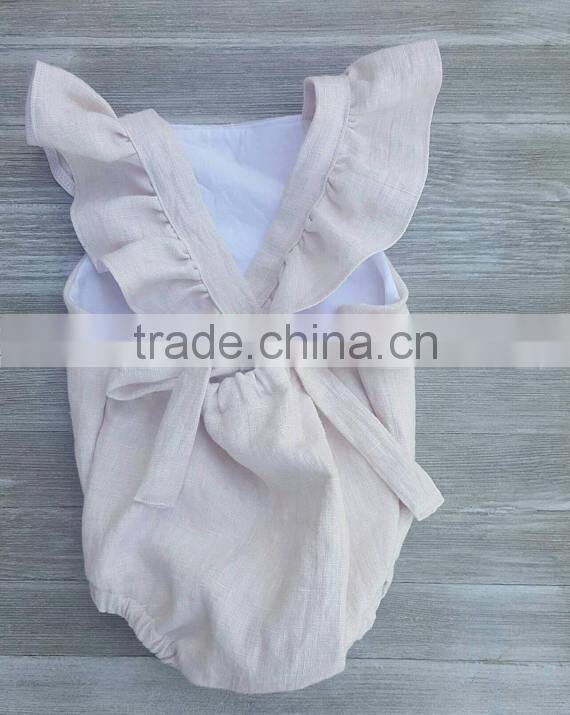 Boutique Summer Newborn Baby Clothes Solid Color Linen Frock Adjustable Wholesale Girl Romper