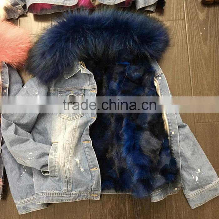 Myfur Cute Peach Fur Lining and Raccoon Fur Collar Trimmed Jeans Parka