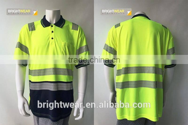Men's fluorescent two-tone protective reflective generic segmented tapes UPF bulk safety polo shirt