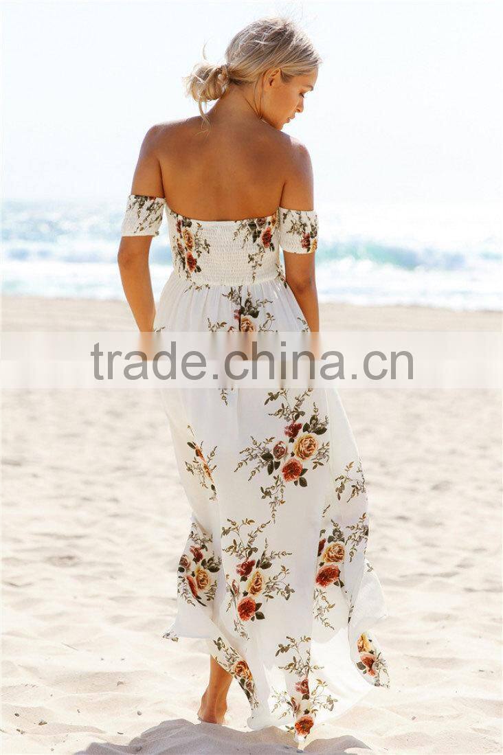 Boho style long dress women fashion Off shoulder beach summer dresses Floral print Vintage chiffon white for wholesale 2017