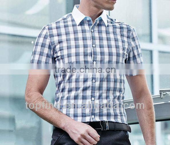 fashion blue plaids cotton shorts sleeve collar matched men shirts