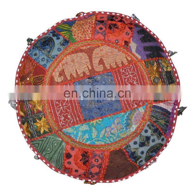 Indian Pouf Stool Vintage Patchwork Embellished with Patchwork Living Room Ottoman Cover