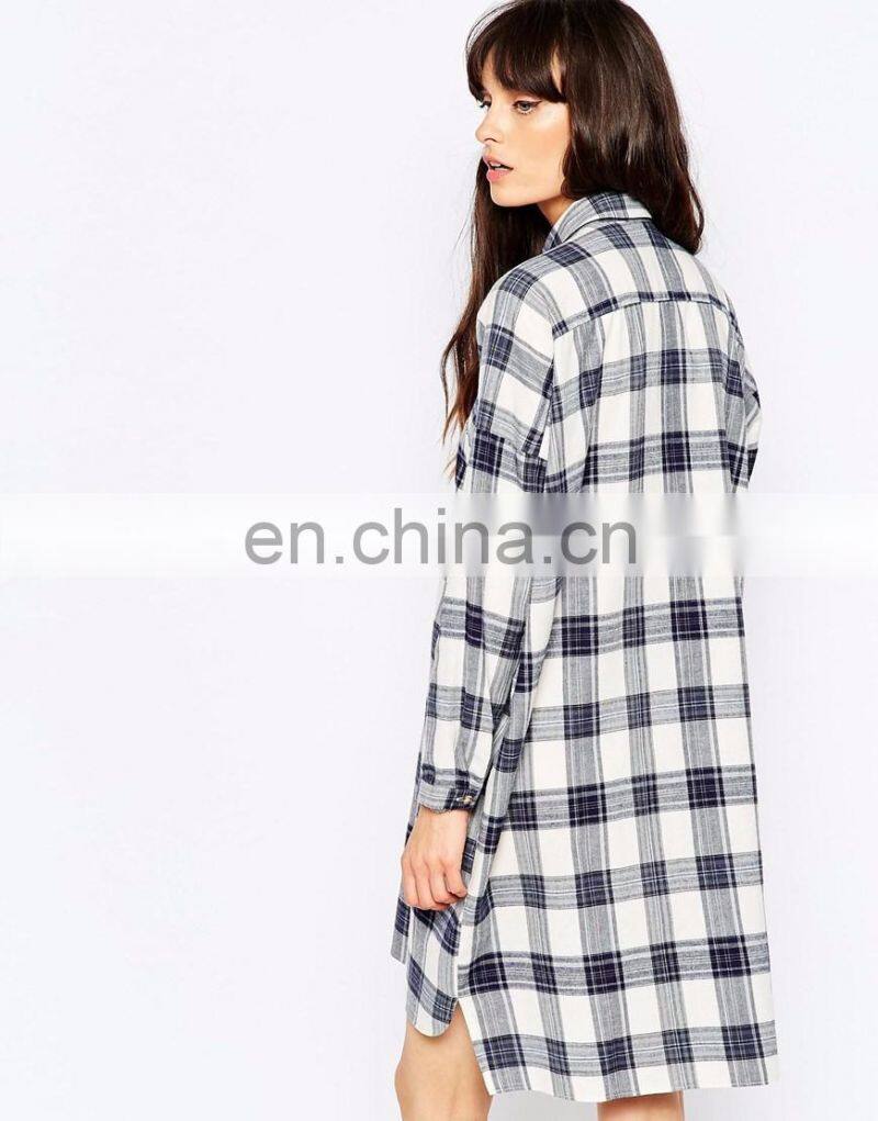 Long sleeves Oversize causal checked shirt dress in cotton