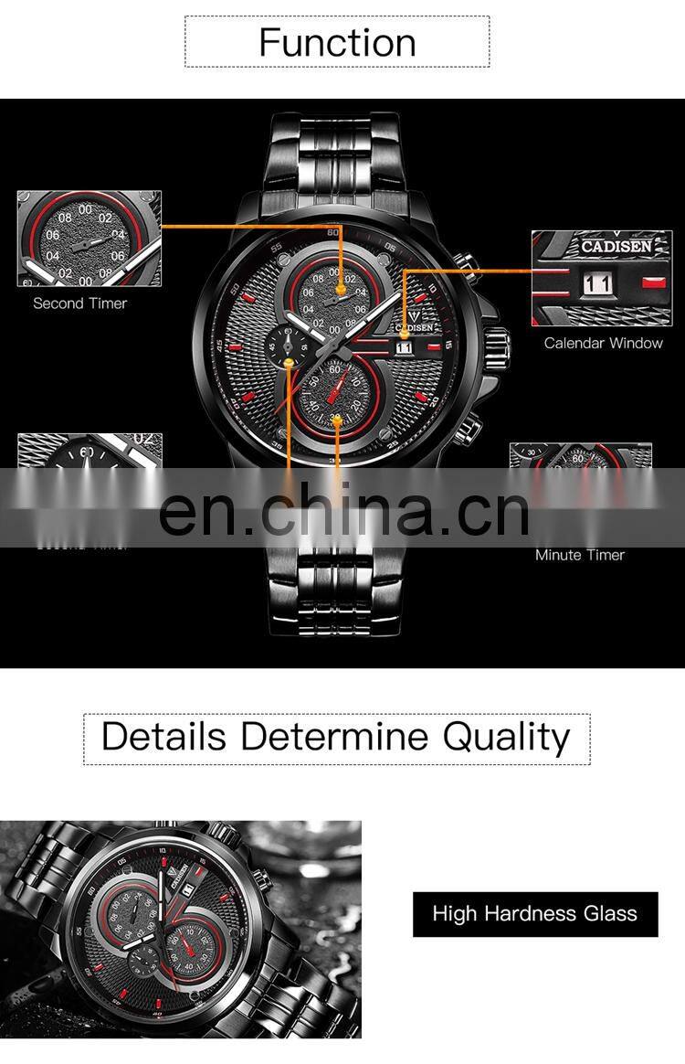CADISEN 9054 Classic black metal stainless steel strap day showed quartz analog waterproof fashion watch man