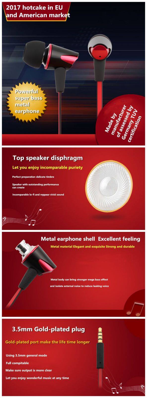 popular red rohs earbuds special flat cable earphone mobile headphone