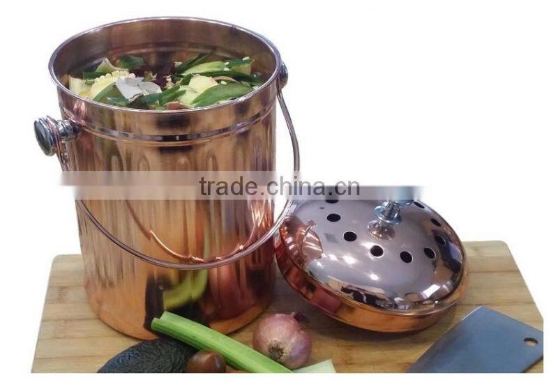 1 gallon Copper Countertop Compost Bin Crock Container for Indoor Kitchen Use - Copper Coated Stainless Steel 1 Gallon - BONUS I