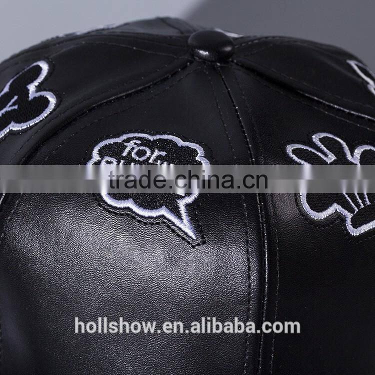 Star Style Cute Hand Embroidery Men Women Hiphop Black Leather Flat Baseball Cap