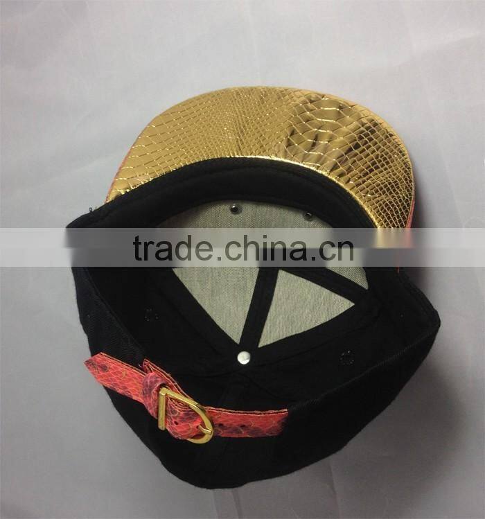 Custom gold metal plate snapback hats red leather strap buckle snapabck hat