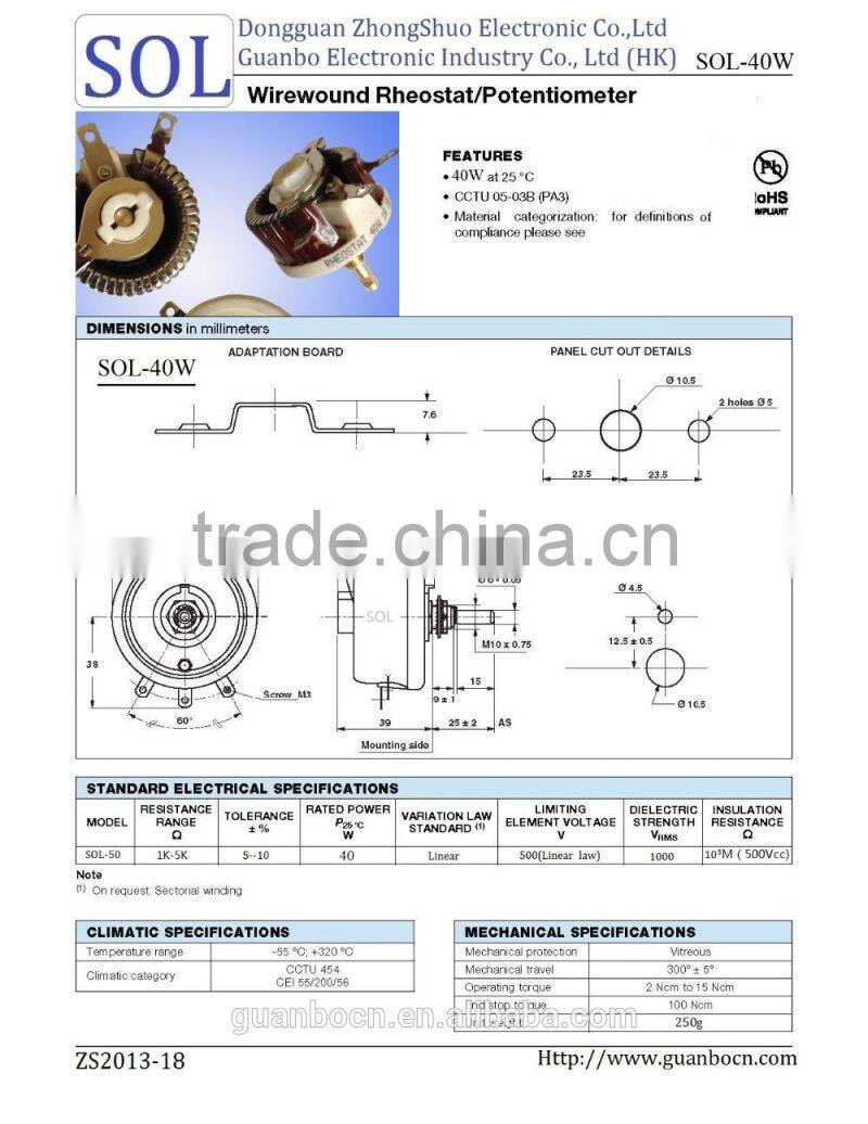 SOL --40W/500W Potentiometers Rheostat Resistor high-end product