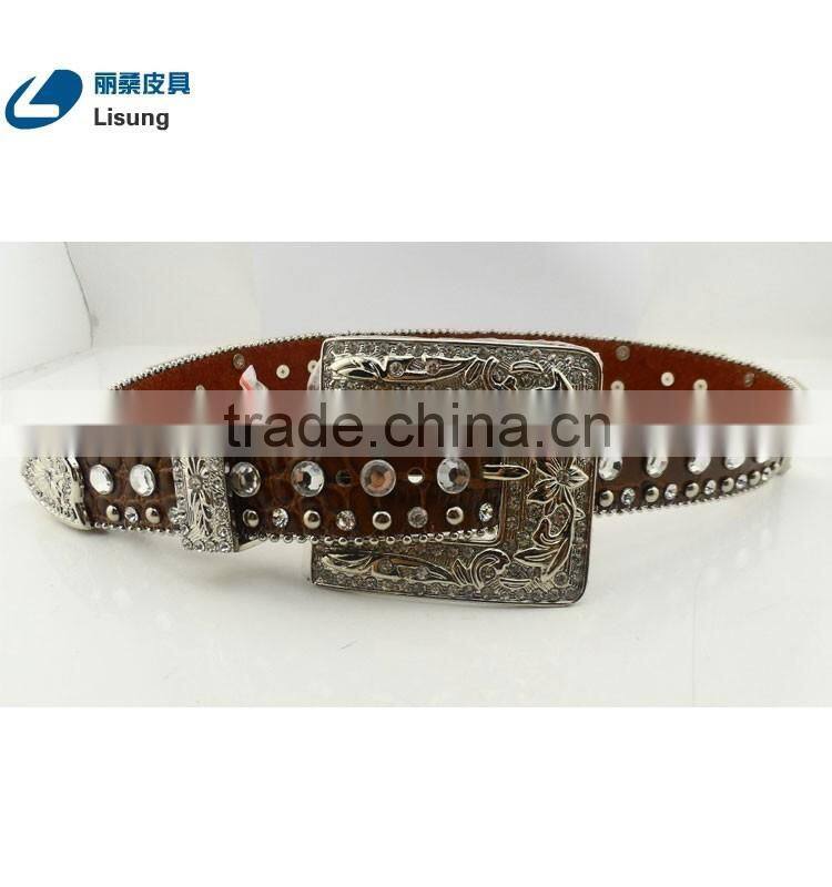 Men's Handmade Crocodile Leather Rhinestone Western Belts
