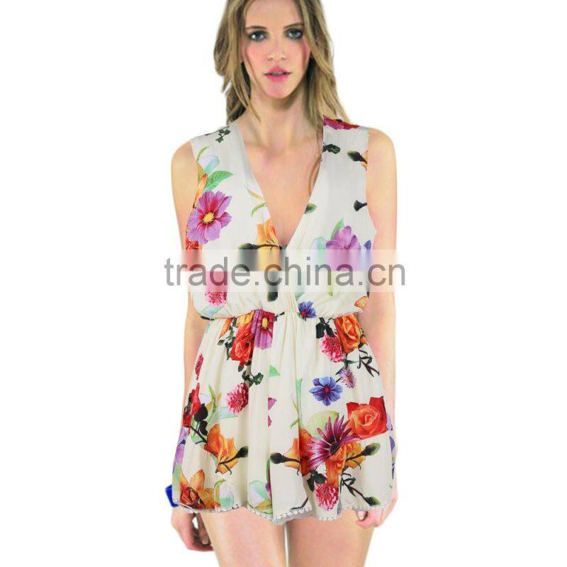 Women Floral Print Jumpsuit, Deep V Neck Printed Romper with Ruffles Hem