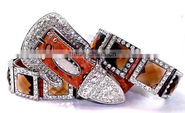 Brown Brindle Prism Concho Real Glass Crystal Rhinestone Belt