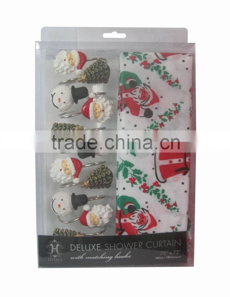 Christmas series shower curtain&12pcs decorative resin hooks set
