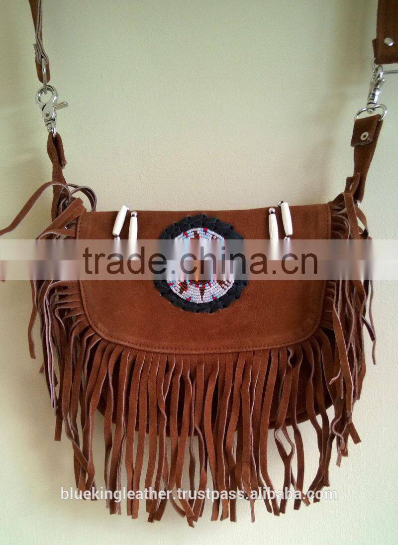 Native Western Style Suede Leather Beaded Shoulder Bag Fringed Brown