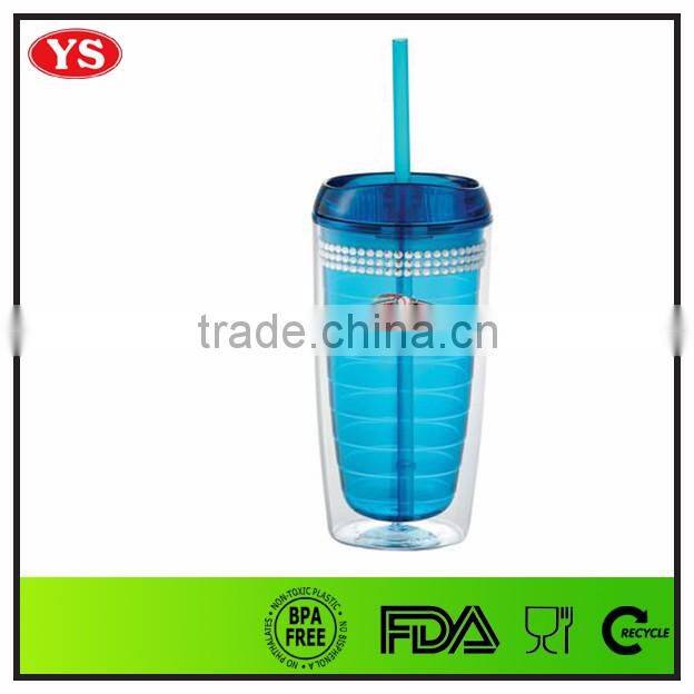 BPA Free 450 ml Double walled insulated acrylic tumbler with straw and lid for cold beverage
